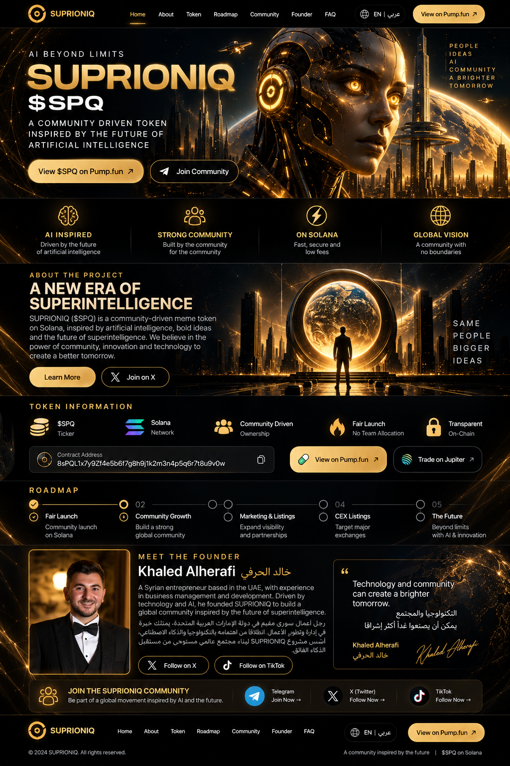 SUPRIONIQ reference design with futuristic AI robot, golden skyline, project sections, token information and founder
